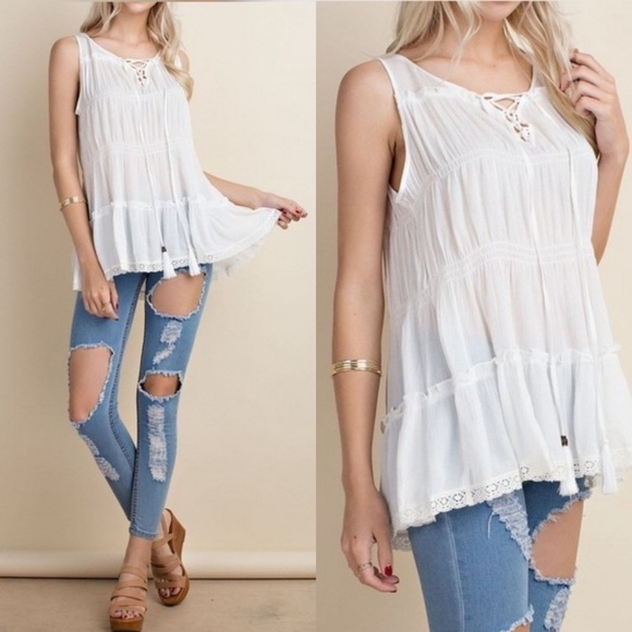 Lace Trimmed Ruffle Tank - Picture 1 of 8